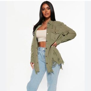🆕 Kaylee Denim Distressed Shirt in Olive by Fashion Nova, Size M